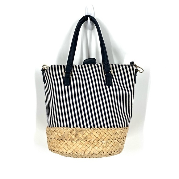 Talbots Navy Striped Canvas Corn Husk Straw Woven Bucket Bag Shoulder Purse - Picture 2 of 16